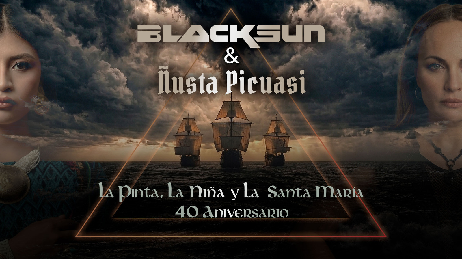 Portada oficial panorámica de La Pinta, La Niña y La Santa María: BLACK SUN y Ñusta Picuasi, las dos cantantes, triángulos, carabelas, logos y títulos completos.